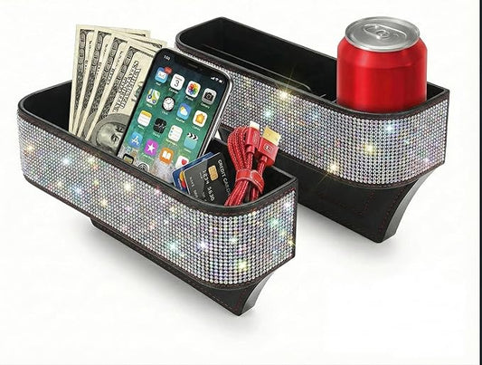 Bling Bling Car Seat Organizer Front Seat Gap Filler with Crystal Rhinestones Diamond, PU Leather Car Seat Console Storage Organizer for Car Accessories (Colorful)