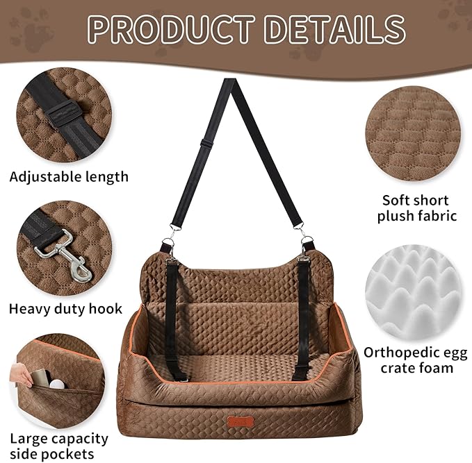 Dog Car Seat for Large/Medium Dogs - Memory Foam Dog Booster Seat for Under 55Lbs or 2 Small Dogs-Detachable and Washable Travel Bed with Thick Cushion and Storage Pockets-Brown