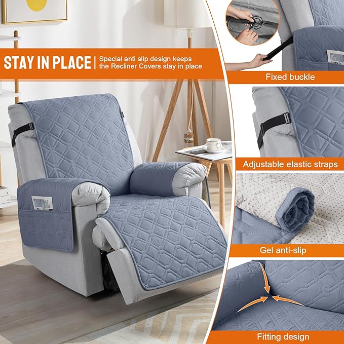 VANSOFY 100% Waterproof Recliner Chair Covers, Recliner Cover Non-Slip Dog Chair Cover Furniture Protector Washable Slipcover with Pocket, Elastic Straps for Pets, Dogs(Slate Gray, 22")
