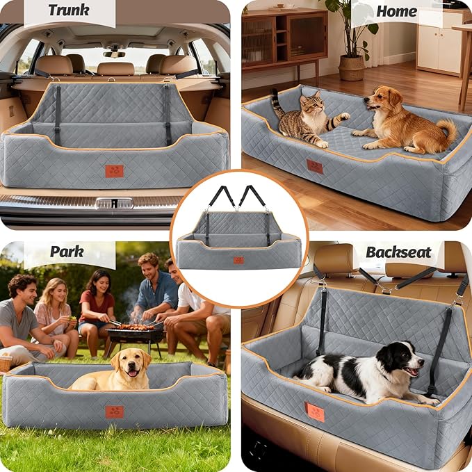 XIEEAOZEE Large Dog Car Seat for Dods Under 100 Lbs, Memory Foam Dog Car Bed for Backseat & Trunk, Detachable and Washable Cover, Pet Travel Seat with Storage Pockets, 2 Safety Belts