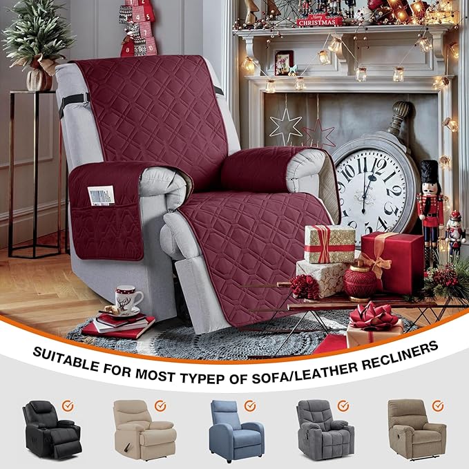 VANSOFY 100% Waterproof Recliner Chair Covers, Recliner Cover Non-Slip Dog Chair Cover Furniture Protector Washable Slipcover with Pocket, Elastic Straps for Pets, Dogs(Burgundy, 22")