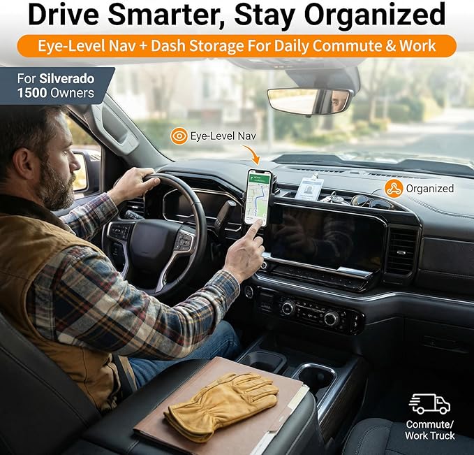 13.4”Screen Dashboard Phone Holder Compatible with 2022-2026 Chevy Silverado&GMC Sierra Center Console Organizer Dash Phone Mount Dash Tray for Silverado Accessories(Silverao/Sierra 22-26)