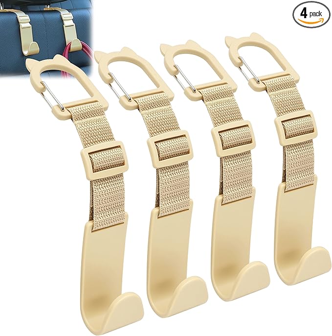 Amooca Car Headrest Hooks 4 Pack Adjustable Universal Fit Auto Seat Back Organizer Storage Hanger Purse Bags Holder with Clip Beige