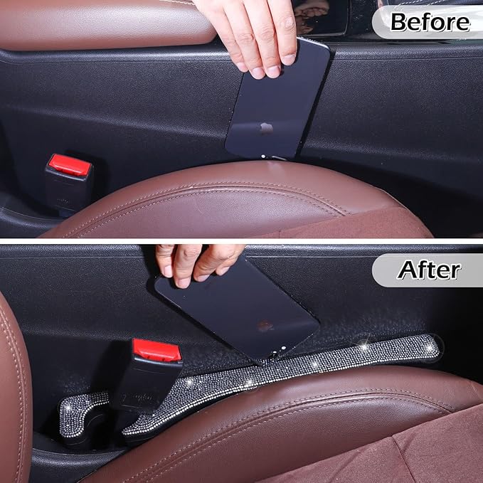 Briwill Bling Car Seat Gap Filler, 2 Pack Universal Fit for Car SUV Truck Handmade Crystal Rhinestone Diamond Car Gap Filler Bling Car Accessories for Women(Silver)