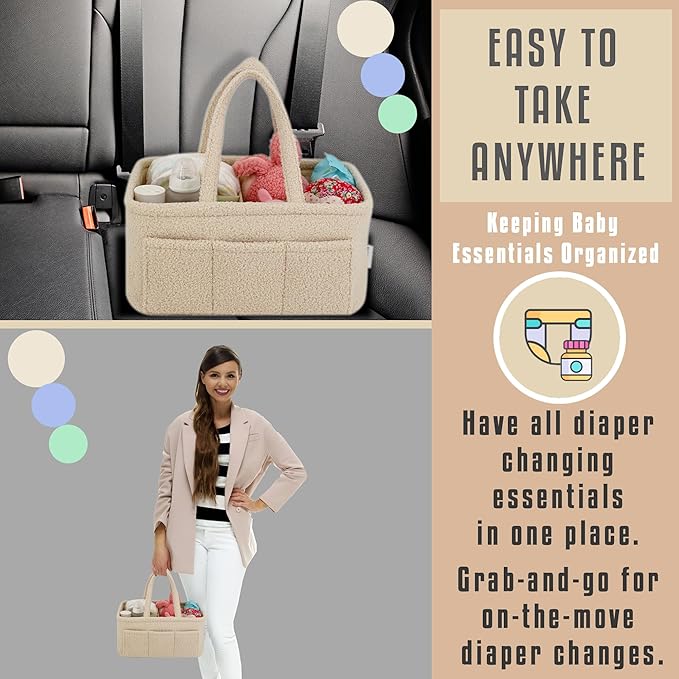 Baby Diaper Caddy Organizer – Soft Beige Sherpa with 3 Removable Compartments & 6 Side Pockets – Perfect Nursery Storage Bin & Car Organizer for Diapers, Baby Wipes, and Essential Supplies.