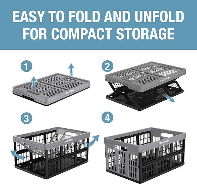 CleverMade Collapsible Utility Crates 45L (3 Pack) – Foldable Plastic Crates with Heavy Duty 66 lb Capacity, Collapsible Crates for Storage, Trunk Organization, Moving - Stone