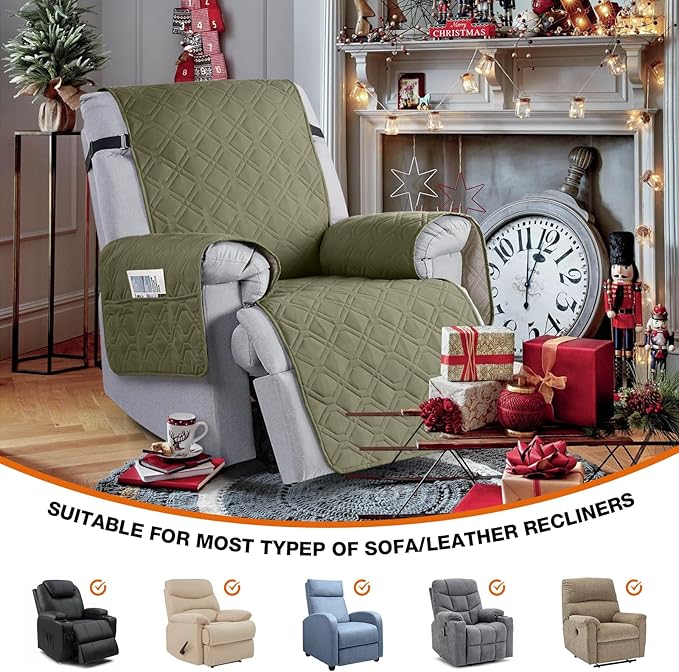 VANSOFY 100% Waterproof Recliner Chair Covers, Recliner Cover Non-Slip Dog Chair Cover Furniture Protector Washable Slipcover with Pocket, Elastic Straps for Pets, Dogs(Olive Green, 22")