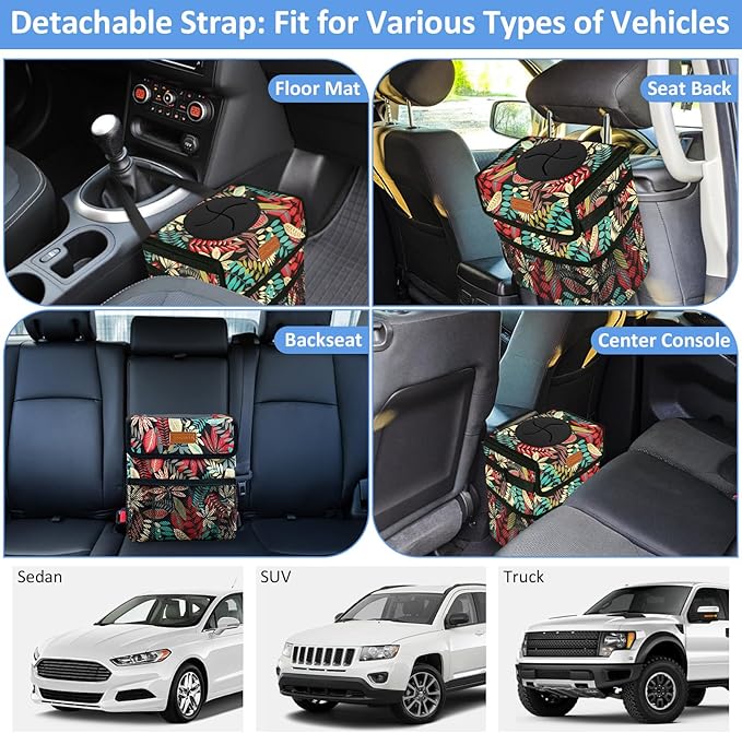ELONGRIVER Car Trash Can Bin for Back Seat Leak Proof, Cute Car Trash Bag Hanging, Vehicle Trash Can for SUV Truck Van, Automotive Garbage Cans Front Seat Red Leaves, 2 Gallons