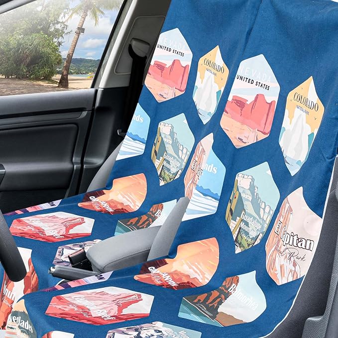 Hahafelt 1 Pack Car Seat Towel Covers with Storage Bag 63 x 32 Inch Athletic Running Towel Seat Sweat Washable Non Slip Cover Gift for Car Outdoor Sport Activities (Multi National Parks 1)