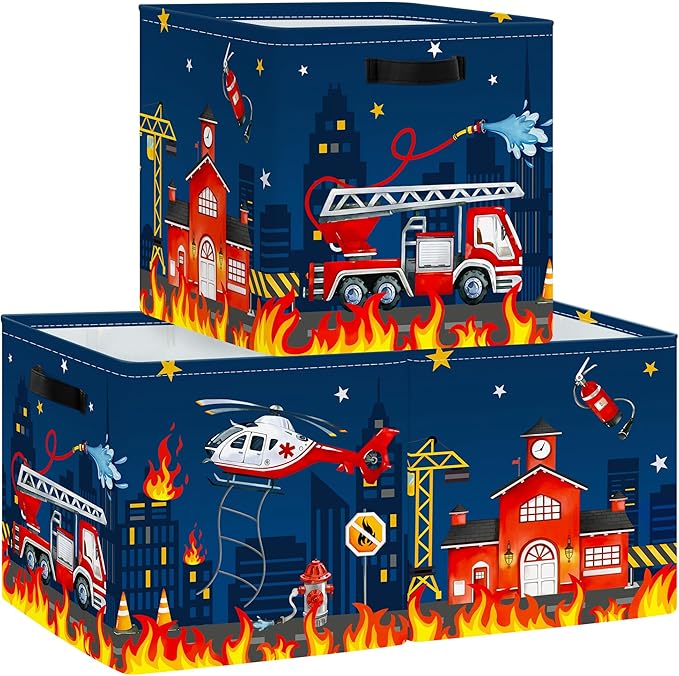 Clastyle Cars Kid Storage Cube Organizer Set Closet Clothes Cube Storage Bin Nursery Toddler Toy Box Chest Girl Boy Book Shelf Basket,‌Fire Truck,11.8x11.8x11.8 in