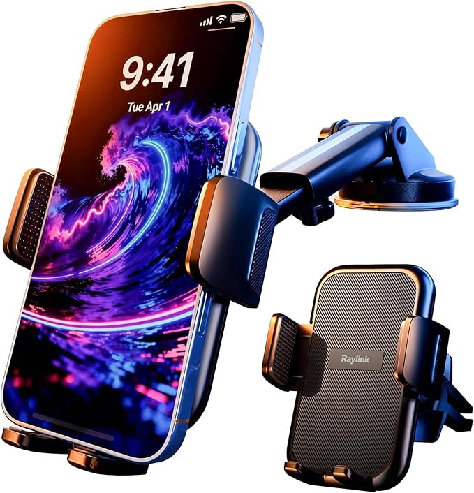 RayLink NO.1 Best Phone Holders for Your Car Ultimate Military-Grade Windshield Dashboard Vent【Upgraded Suction & Clip】 Cell Phone Mount with Patent & Safety Certs for iPhone 17 Pro Max 16 15 Samsung