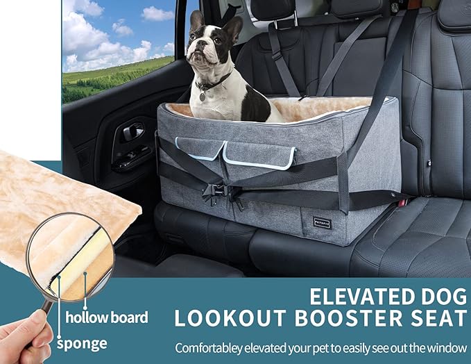 Petsfit Dog Car Seat for Large Dogs, Pet Travel Dog Booster Seat with 2 Safety Belt, Washable Double-Sided Cushion and Storage Pocket for Medium Dogs (Large, Light Grey)