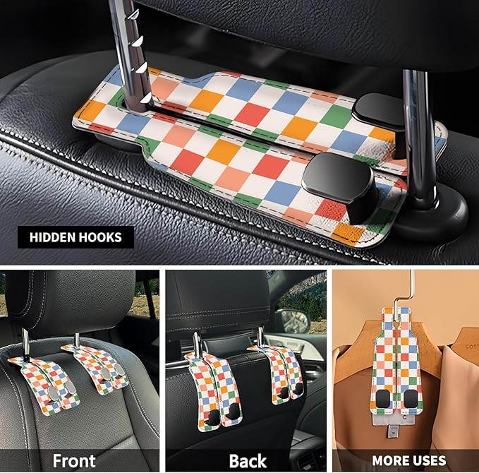 Car Seat Headrest Hook, Universal Leather Cute Hanger Holder Hook, Storage Organizer Interior Accessories for Purse Bags Handbag Colorful Cute Plaid