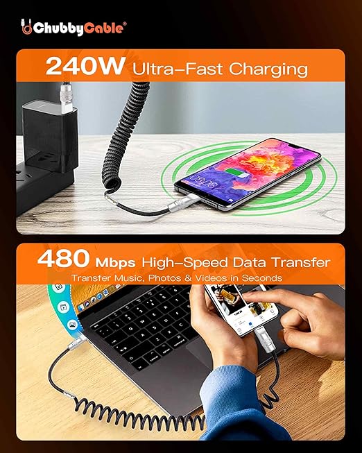 chubbycable Curly Chubby 120W Coiled USB C Cable Retractable Fast Charging Cable for Car Charger Cord Compatible with iPhone 17-15 Series, Orange and Gray, USB-A to Type-C