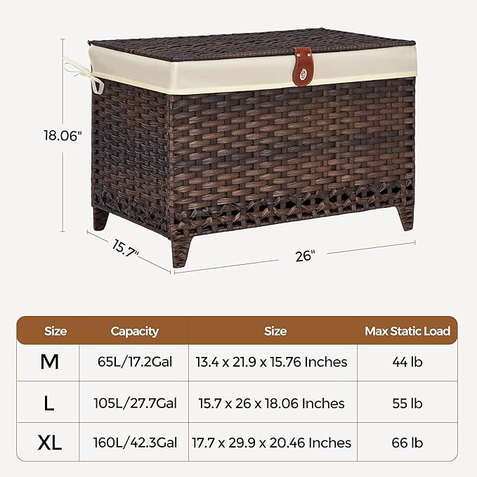 Honjourai Wicker Storage Basket with Lid,Rattan Shelf Basket with Removable Liner Bag,105L Storage Bin,Storage Trunk with Heightened Feet,Storage Container for Wardrobe,Home Organizer