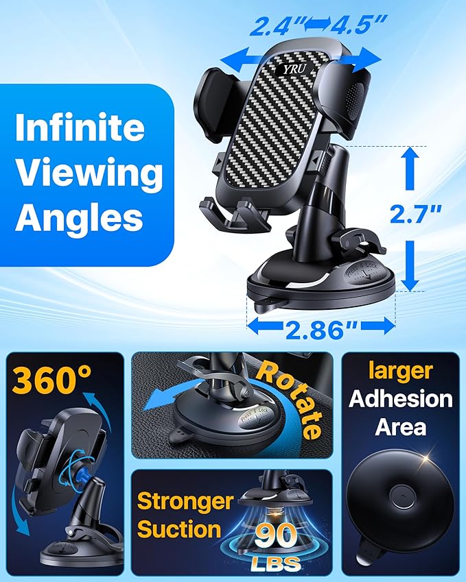Military-Grade Anti-Shake & 360° Rotatable Suction 2026 Upgraded Car Phone Holder Mount 90+LBS Safest Strongest & Patent Certs Dashboard Windshield Vent for iPhone 17 16 Pro Max Samsung,Gloss Black