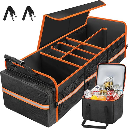 95L Car Trunk Organizer with Removable Cooler Bag, Collapsible Trunk Storage Organizer with Removable Lid - Multi Compartment Waterproof Storage Organization, Fits Most Car, Truck, Orange