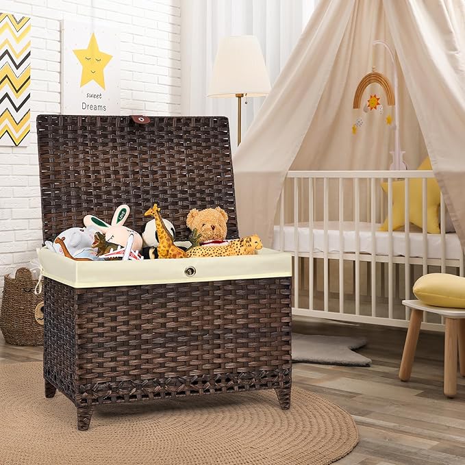 Honjourai Wicker Storage Basket with Lid,Rattan Shelf Basket with Removable Liner Bag,200L Storage Bin,Storage Trunk with Heightened Feet,Storage Container for Wardrobe,Home Organizer