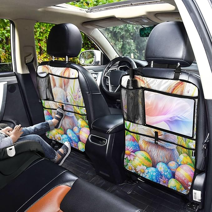 Colorful Bunny Eggs 2 Pack Backseat Car Organizer with Storage Pockets Seat Back Organizers for Kids Kick Mats Backseat Protector Automotive