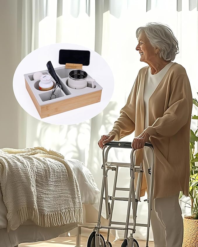 Couch Cup Holder Tray, Handy Silicone Bamboo Couch Caddy with Rotatable Phone Holder for Bed Car Seat Organizer, Waterproof Anti-Spill Sofa Cup Holder for Snacks Beverage Remote (White)