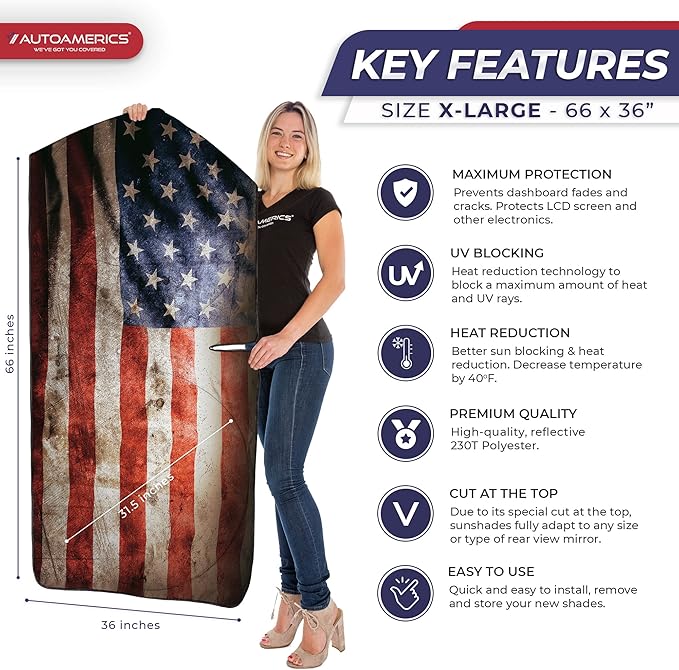 Autoamerics Truck Windshield Sun Shade with Storage Pouch & Anti-Slip Dash Pad - Foldable Grunge USA Flag-2 Design Cover - Fits Most SUVs & Trucks -Reflective 230T Material | X-Large (66 x 36 inches)