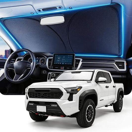 DMJN Front Windshield Sun Shade for Toyota Tacoma (2024-2026), [Nano Ice-Crystal Coatings] UPF50+ Heat & UV Block, Protect Car Interior & Keep Cool, Flodable Steel-Ring Car Cover for Summer