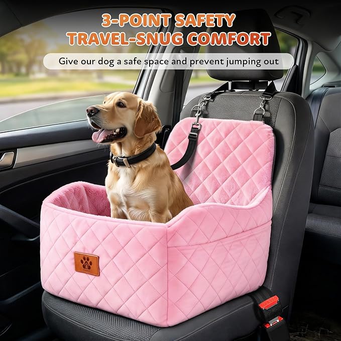 Dog Car Seat for Small Medium Dogs, Dog Booster Seat with Thick Comfort Foam for Pets Up to 35 lbs, Washable & Detachable Pet Car Seat with Storage Pockets - Pink