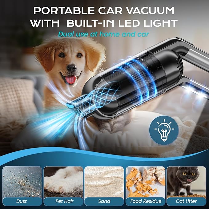 Handheld Vacuum Cordless, Portable Car Vacuum with LED Light,Rechargeable Small Vacuum Cleaner with Powerful Suction,Lightweight Vacuum Cleaner for Car Home Office Pet Hair,Black