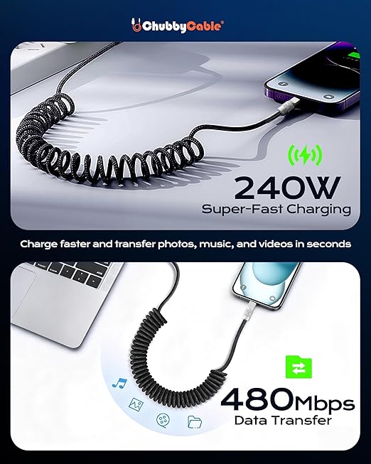 chubbycable Curly Chubby 120W Coiled USB C Fast Charging Cable Durable Braided Charger Cord for Car Compatible with iPhone 17-15 Series iPad, Dark Blue+Dark Blue, USB-A to Type-C, 2.13FT-6.56FT