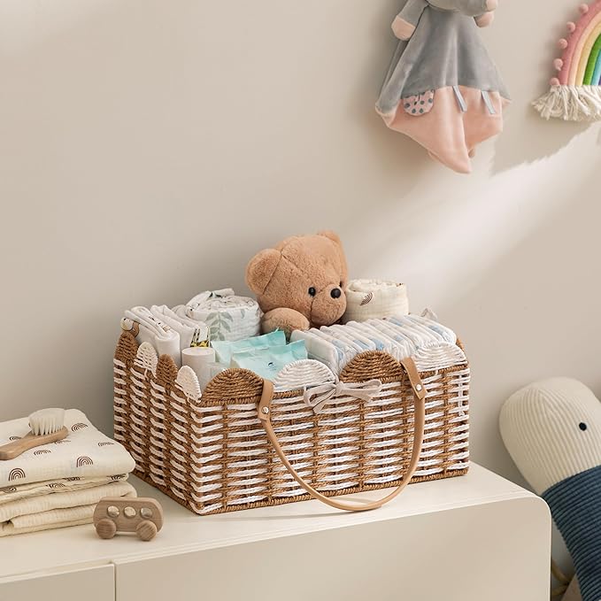 HBlife Large Baby Diaper Caddy, Paper Rope Storage Baskets Nursery Bin with Removable Divider, Portable Car Organizer for Diapers, Baby Shower Gifts, Newborn Essentials Must Haves