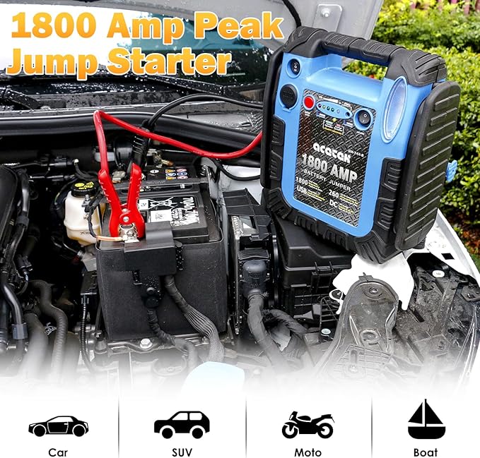 1800 Amp Jump Starter with Air Compressor, acetek Car Battery Jump Box 260 PSI Tire Inflator, 20000 mAh 12V Auto Lead-Acid Battery Booster (Up to 6L Gas or 6L Diesel Engine) with LED Light & USB