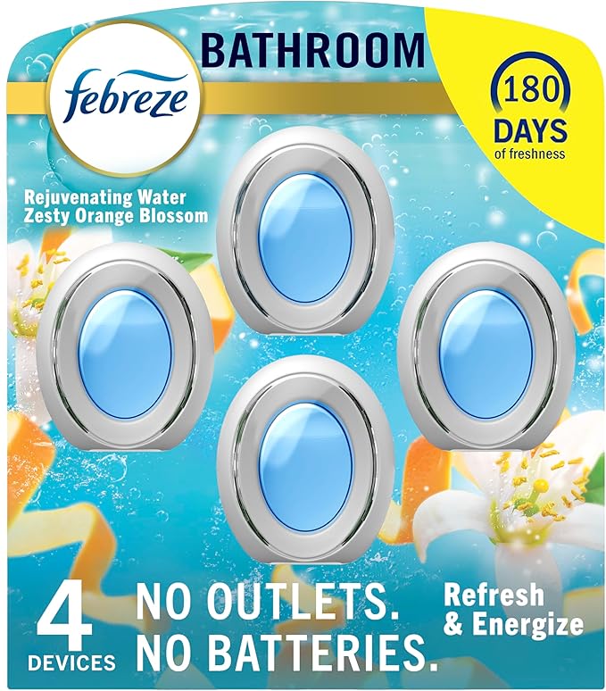 Febreze Bathroom Air Freshener, Odor-Fighting, Plug In Alternative, Air Fresheners for Small Spaces in Home, Bathroom, Kitchen, & Closet, Pet & Litter Box Odor Fighter, Refresh & Energize Scent, 4ct