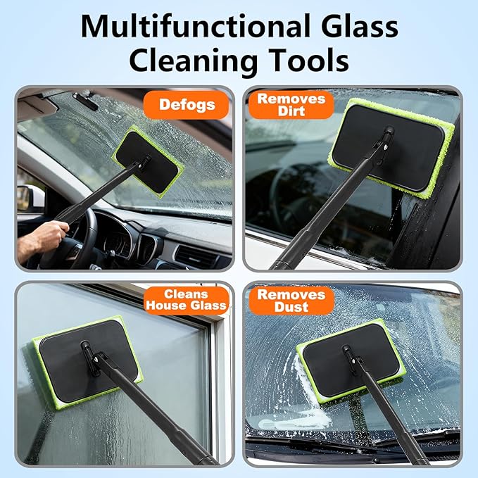 Windshield Cleaner Tool with 6 Reusable Magic Fiber Pads & Spray Bottle, Removable Handle Car Window Wiper Kit for Interior/Exterior Glass, Trucks, SUVs, RV (Dry & Wet Use)