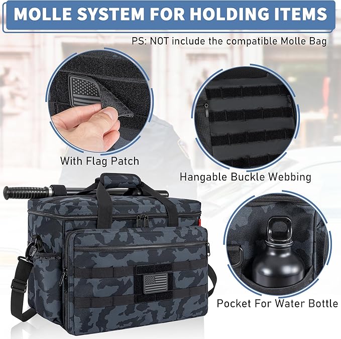 Patrol Bag Law Enforcement, Police Gear Bag Car Front Seat Organizer for Police with Laptop Layer and Cup Holders, MOLLE System, Fits Vehicle Passenger Seat, Black Camo
