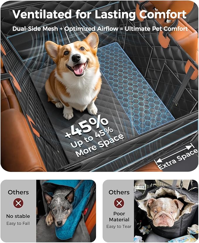 Doglike UNBREAK Dog Car Seat Cover for Back Seat [NO.1 Military-Grade Reinforced Protection], 500LB Ultra-Support Dog Carseat Hard Bottom, Waterproof Pet Carseat Dog Hammock for Cars/SUV/Truck XL Size