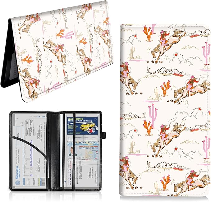 Car Registration and Insurance Card Holder, Vehicle License Documents Glove Box Compartment Organizer Wallet, ID Card Holder for Car Essentials Automobile, Cowgirl Wild West