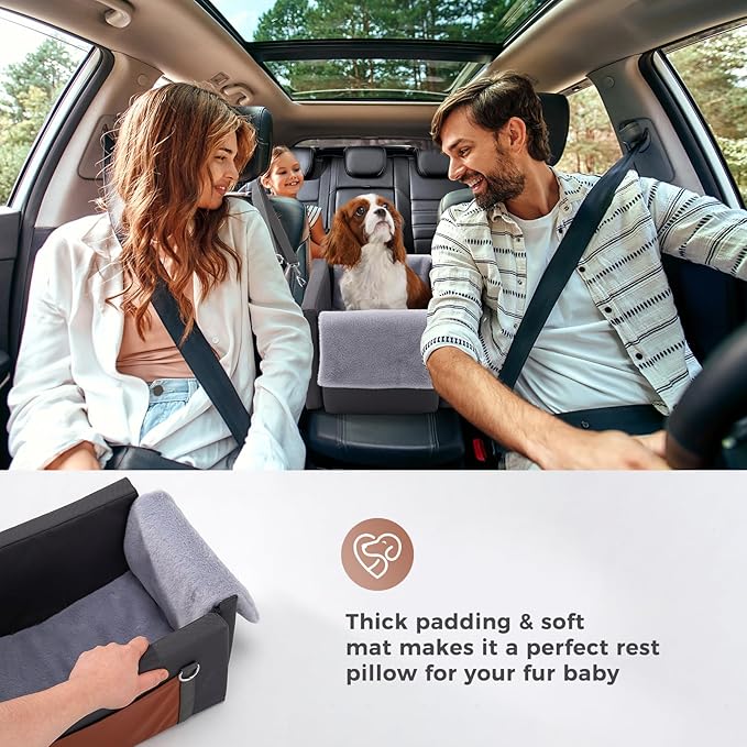 Avont Center Console Dog Car Seat for Small Dogs, Secure Armrest Pet Booster Seat with Multi-Strap Support, Washable Console Seat Bed with Storage Pocket -Dark Grey