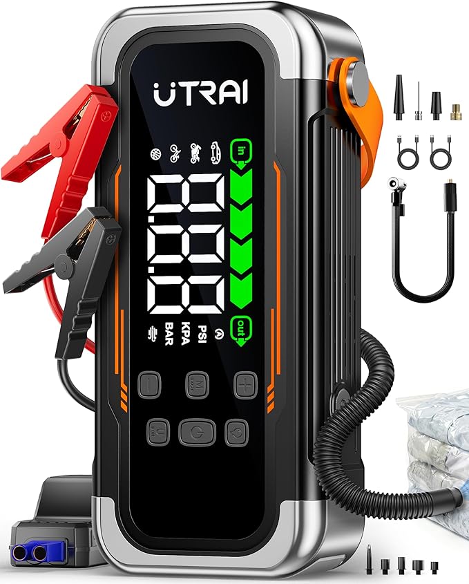 UTRAI Jump Starter with Air Compressor, 6000A Peak Battery Jumper Starter Portable (All Gas & 10.0L Diesel) with 150PSI Tire Inflator & Air Blower, PD 30W Fast Charge, 12V Jump Box Jump Pack