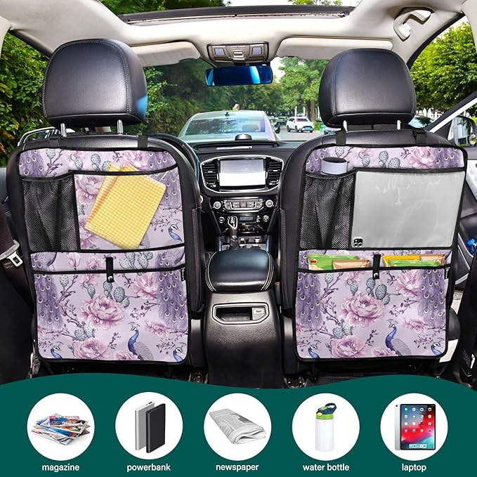 Purple Peacock and Cactus 01 1 Pack Backseat Car Organizer with Storage Pockets Seat Back Organizers for Kids Kick Mats Backseat Protector Automotive