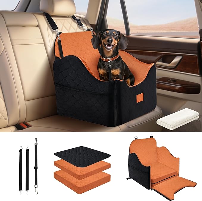 XEEP Dog Car Seat for Small/Medium Dogs Up to 35lbs, Dog Booster Seat with Memory Foam Cushion, Washable Pet Car Seat with Safety Belt & Pee Pad & Blanket, Fits in Front/Back Seat(Black/Brown)