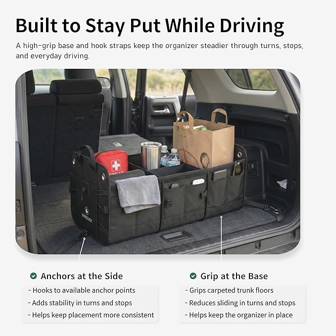 1680D Trunk Organizer with Lid, Extra-Large 114L Collapsible Cargo Organizer for SUVs, Trucks & Large Cargo Areas, Rigid PP Panels, 800D x 800D Weave, Water-Repellent, Anti-Sag Design