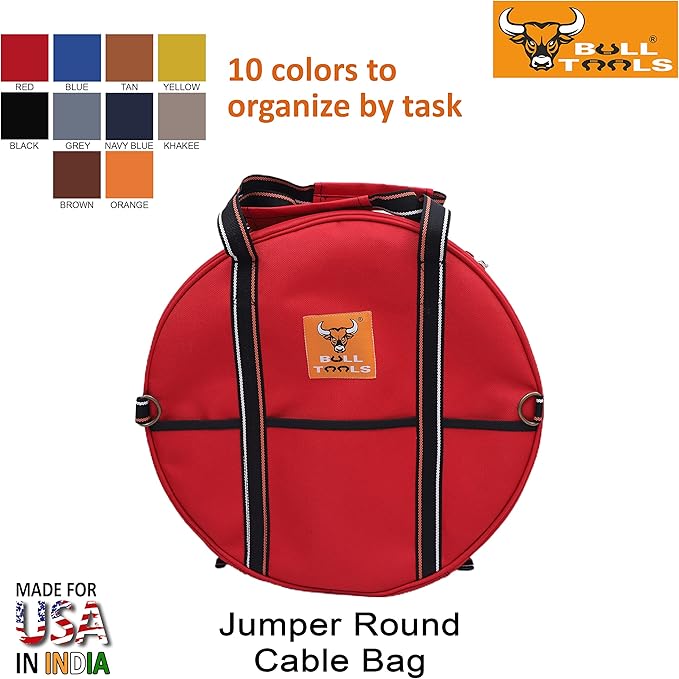 BULL TOOLS EV Charging & Jumper Cable Storage Bag, Organizer 6 Pocket Handmade Carry Bag - 15x15x4 Inch Waterproof Ballistic Polyester Round Bag, Cords, Small Tools, For Motor Vehicles - Red