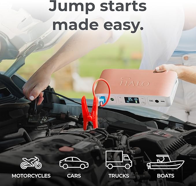 HALO Bolt Air 58830 Portable Car Battery Jump Starter | 100 PSI Air Compressor, 58.8Wh USB Power Bank, Emergency Floodlight & Charger, Jump Cars SUVs & Trucks, Inflate Tires, TSA Approved — Rose Gold