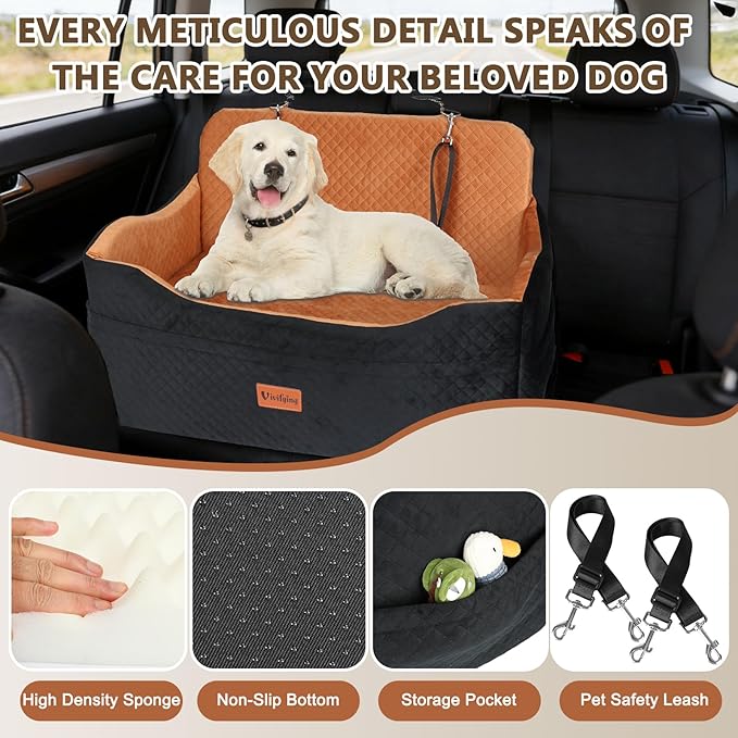 Vivifying Dog Car Seat for Back Seat, Booster Travel Bed for Medium Large Dogs or 2 Small Dogs, 4" Raised Foam Cushion, Safety Leash & Washable Cover, Soft Dog Booster Seat for Cars, Trucks & SUVs