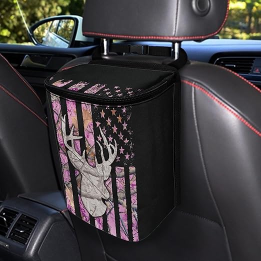 Pink Camo Deer Car Trash Can American Flag Automotive Garbage Can Vehicle Trash Bag with Adjustable Straps Auto Waster Container with Zip Camping Picnicing Hiking Bag