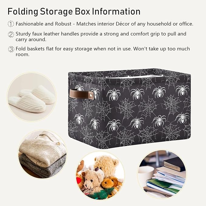 Wamika Happy Halloween Storage Basket with Waterproof Liner and PU Handles Spooky Spider Web Black Storage Bins Boxes 14.2" Collapsible Decorative Organizer Baskets for Bedroom Closet Office 1 Pack
