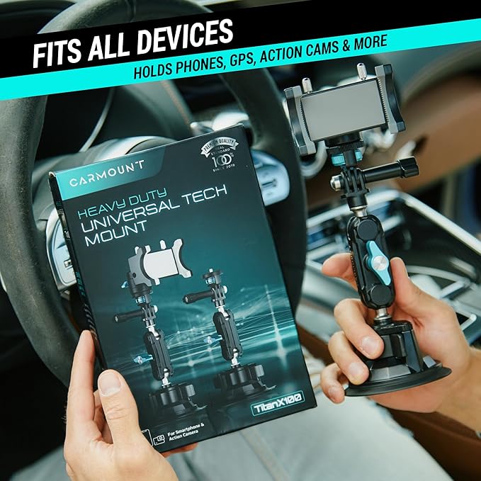 CARMOUNT TitanX100 Heavy Duty Car Mount – 2025 Model, Universal Dashboard & Windshield Cell Phone Car Mount, Adjustable Suction Cup Phone Mount (TitanX100 Pro)