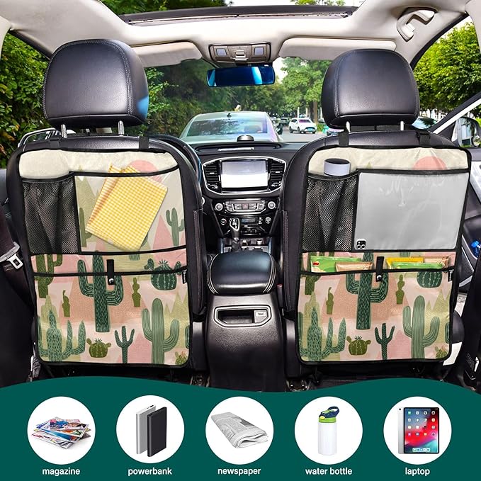 2 Pack Back Seat Car Organizer with Storage Pockets Kick Mats Back Seat Protector Hanging Car Organizer Automotive Seat Back Cover Organizers Boho Cacti Mountains Sun
