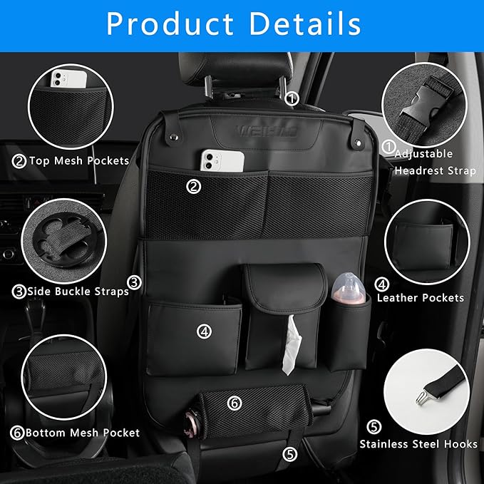 Backseat Car Organizer with Tray Foldable, Tissue Holder, Cup Holder, Leather Seat Back Car Storage Organizer for Family, Kids, Travel, Office Use, Universal Fit Sedans SUVs most Vehicles (Black-1PC)