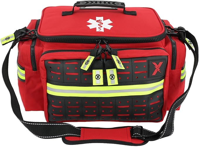 Lightning X Mid-Sized First Responder EMT Bag | LXMB25 | Fully Stocked w/ 240+ First Aid, EMS & Trauma Supplies - RED